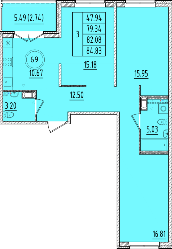 3-комнатная квартира, 79.34 м² в ЖК "Образцовый квартал 17" - планировка, фото №1
