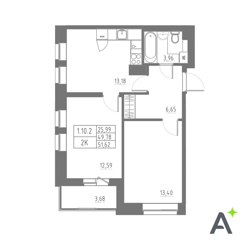 2-комнатная квартира, 51.62 м² в ЖК "Аквилон Solar" - планировка, фото №1