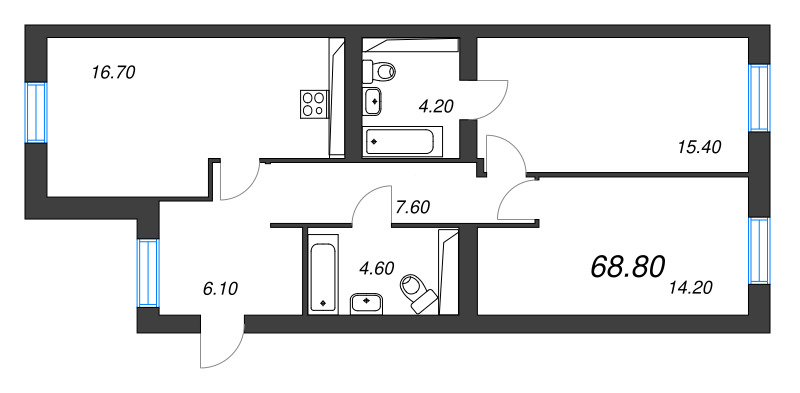 2-комнатная квартира, 70.1 м² в ЖК "Аура" - планировка, фото №1