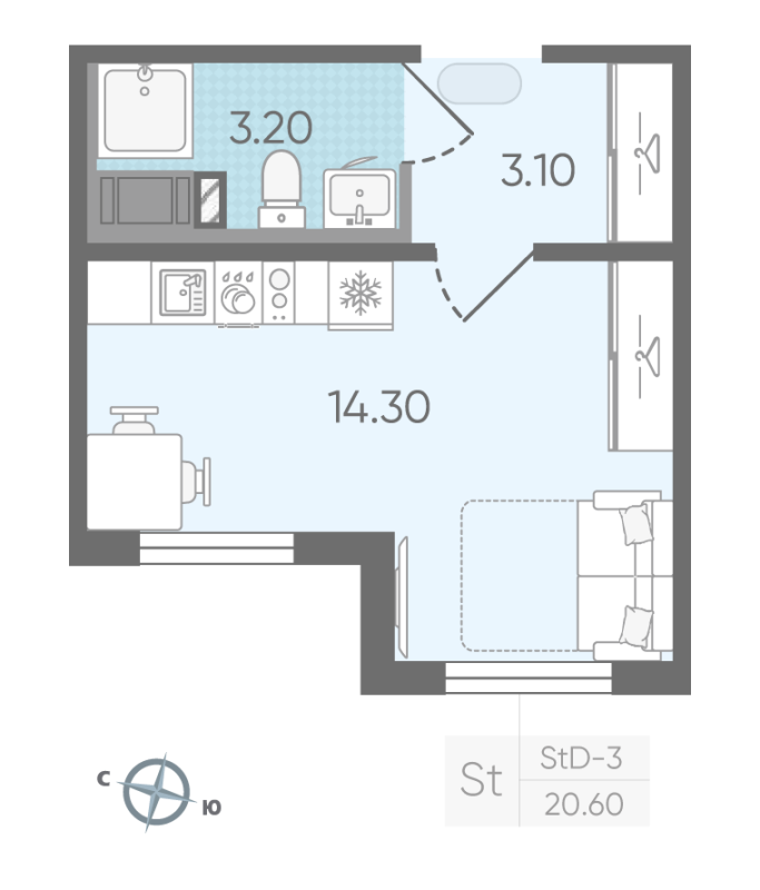 Квартира-студия, 20.6 м² в ЖК "Цветной город" - планировка, фото №1