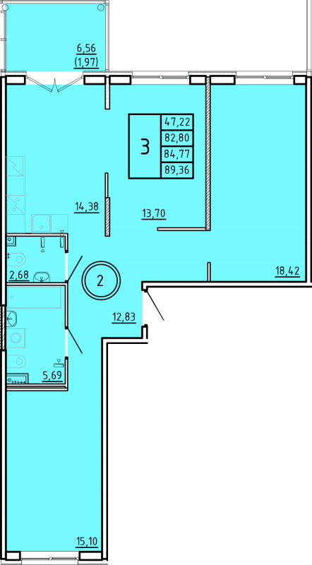 3-комнатная квартира, 82.8 м² - планировка, фото №1