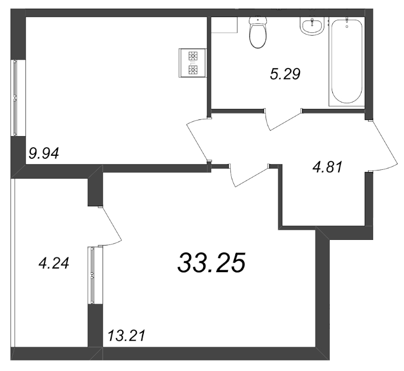 1-комнатная квартира, 33.25 м² - планировка, фото №1