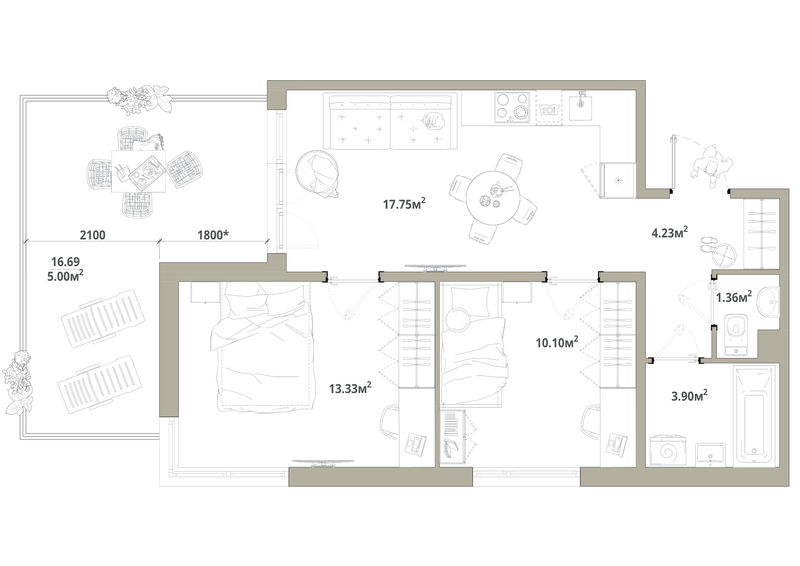 3-комнатная (Евро) квартира, 55.67 м² в ЖК "Тишин" - планировка, фото №1