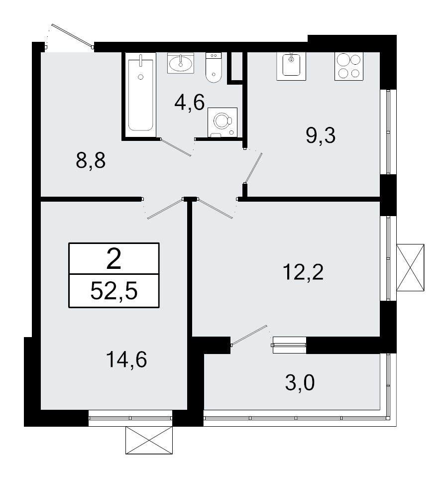 2-комнатная квартира, 52.5 м² - планировка, фото №1