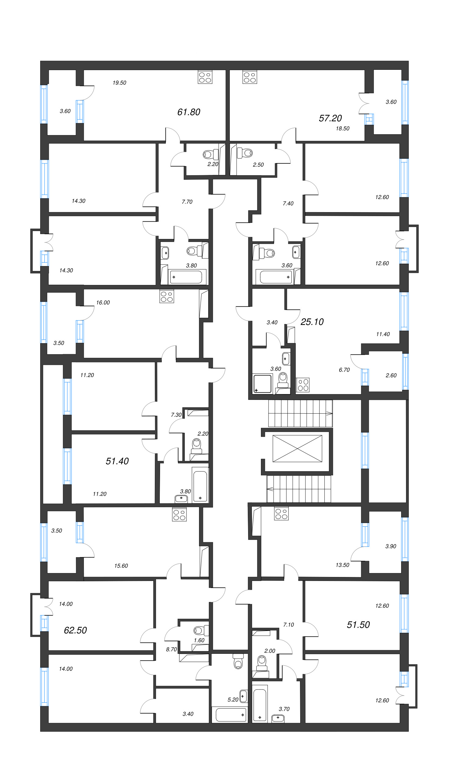3-комнатная (Евро) квартира, 51.4 м² - планировка этажа