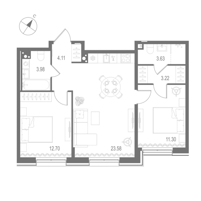3-комнатная (Евро) квартира, 62.52 м² в ЖК "Остров Первых" - планировка, фото №1