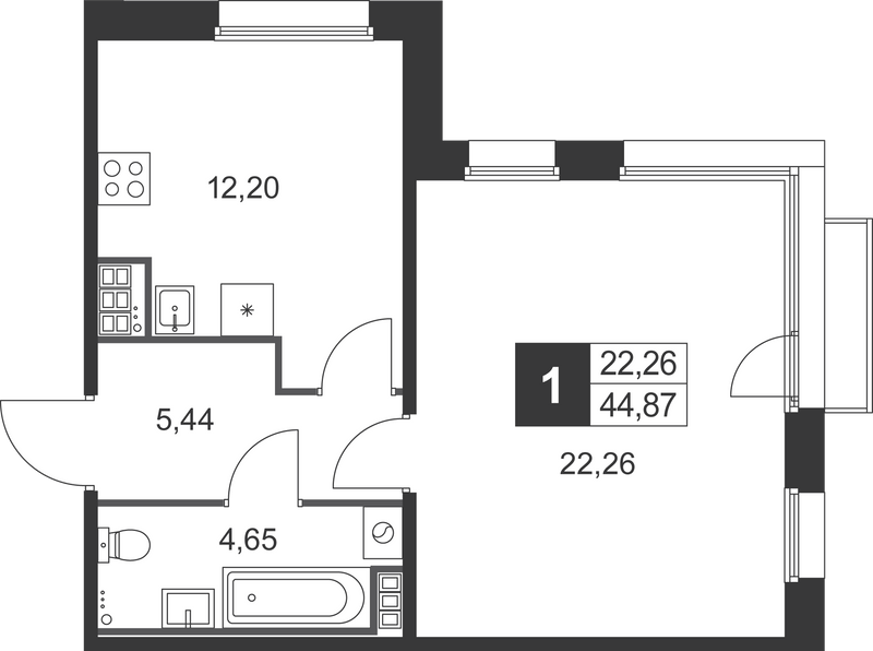 1-комнатная квартира, 44.87 м² в ЖК "Слобода" - планировка, фото №1