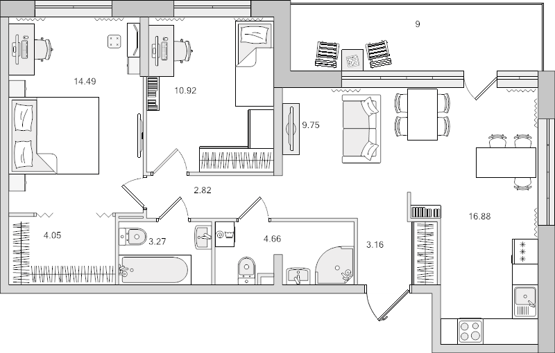3-комнатная (Евро) квартира, 70 м² в ЖК "Dreamline" - планировка, фото №1