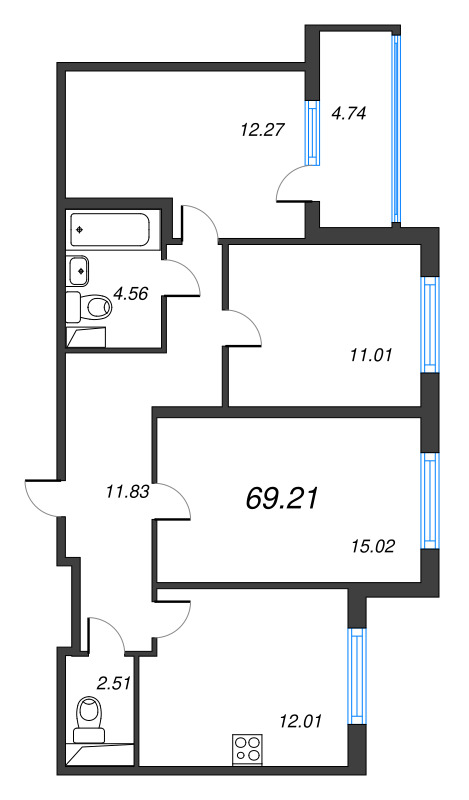 3-комнатная квартира, 69.21 м² в ЖК "ЮгТаун" - планировка, фото №1
