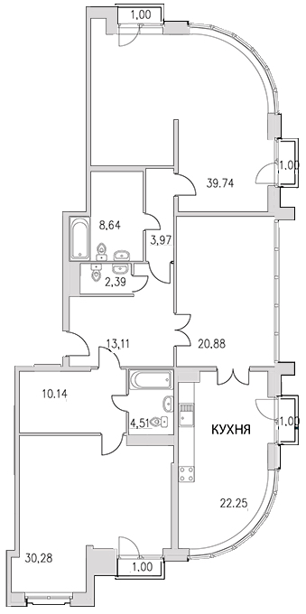 3-комнатная квартира, 155.5 м² - планировка, фото №1