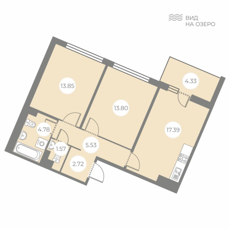 3-комнатная (Евро) квартира, 61.81 м² в ЖК "БФА в Озерках" - планировка, фото №1