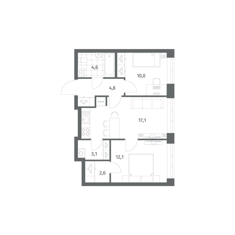 3-комнатная (Евро) квартира, 54.41 м² в ЖК "Новый Питер" - планировка, фото №1