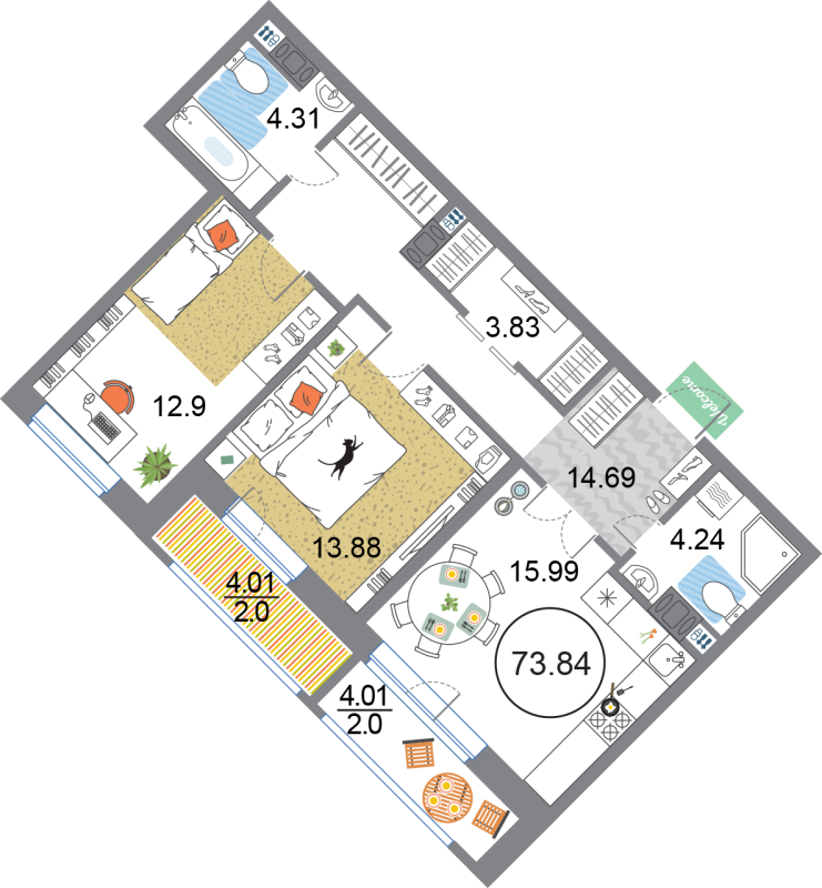3-комнатная (Евро) квартира, 73.84 м² в ЖК "Modum" - планировка, фото №1