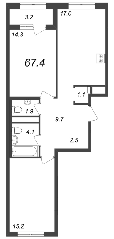 2-комнатная квартира, 67.6 м² в ЖК "Галактика" - планировка, фото №1