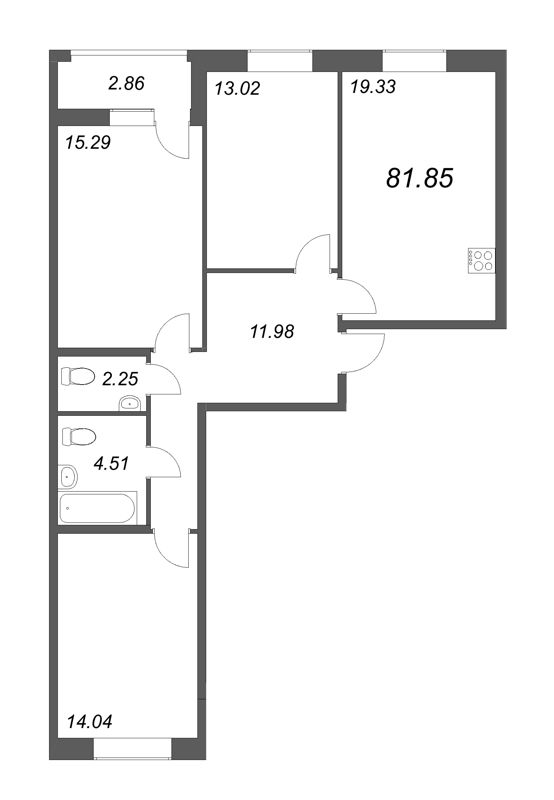 4-комнатная (Евро) квартира, 81.85 м² в ЖК "Аквилон Leaves" - планировка, фото №1