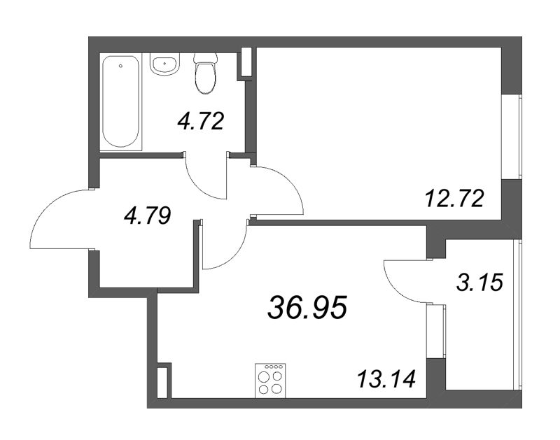1-комнатная квартира, 36.95 м² в ЖК "Новая история" - планировка, фото №1