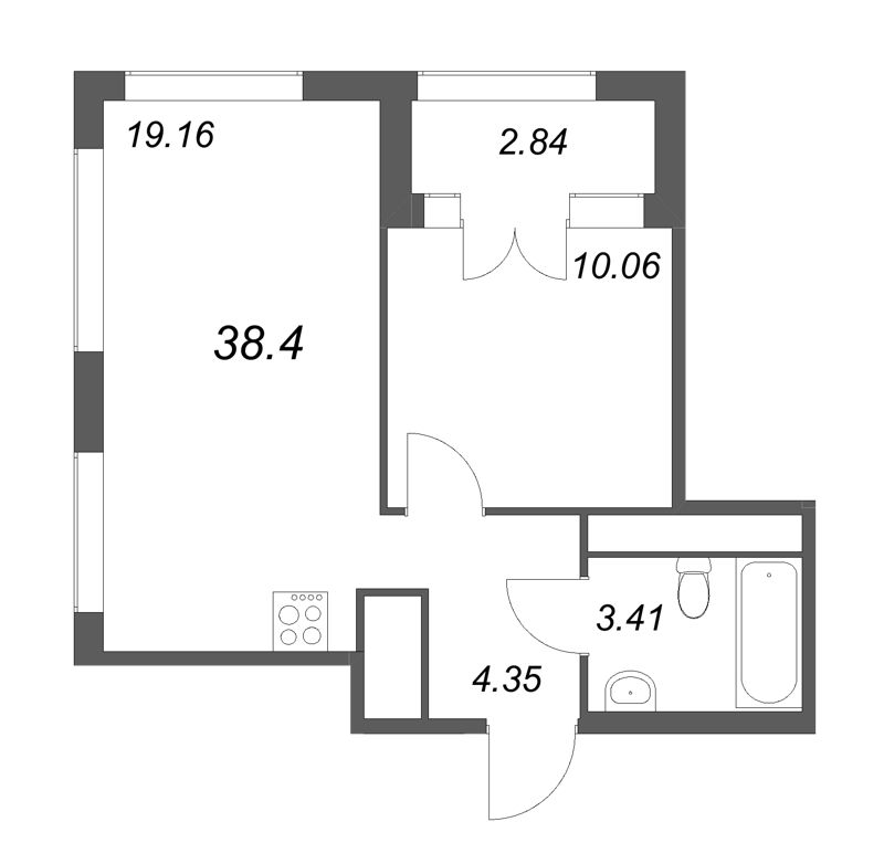 2-комнатная (Евро) квартира, 38.4 м² - планировка, фото №1
