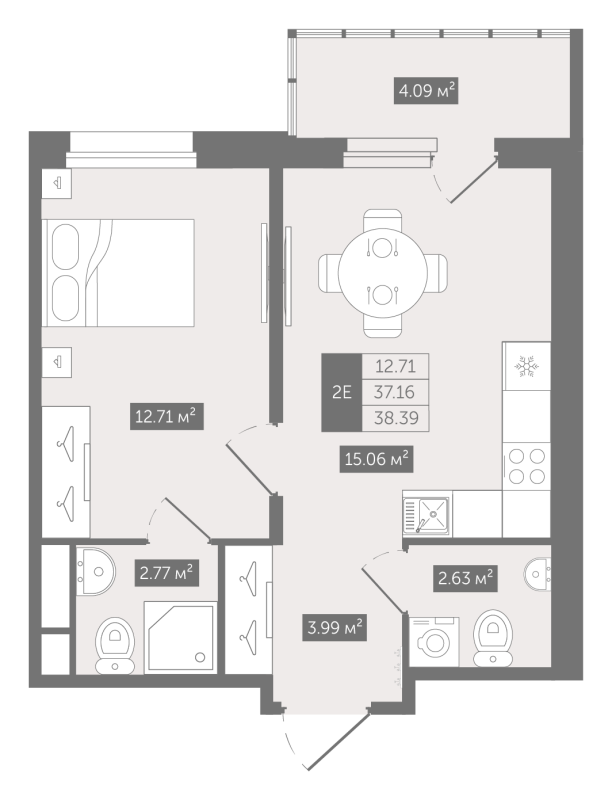 2-комнатная (Евро) квартира, 38.39 м² в ЖК "Квартал «Воронцовский»" - планировка, фото №1