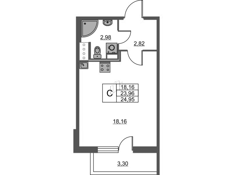 Квартира-студия, 24.95 м² - планировка, фото №1
