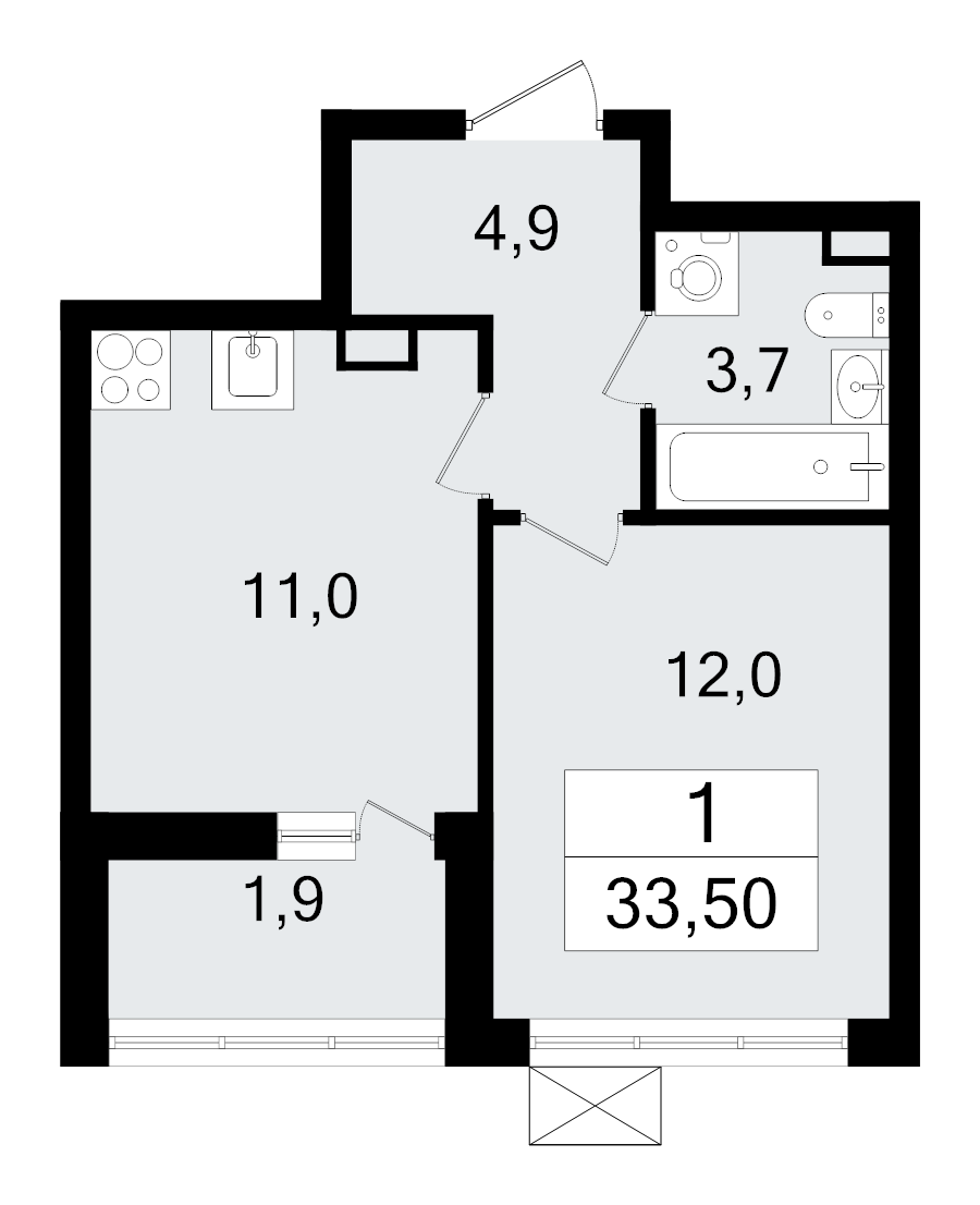 1-комнатная квартира, 33.5 м² в ЖК "А101 Всеволожск" - планировка, фото №1