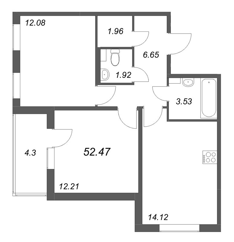 2-комнатная квартира, 52.47 м² в ЖК "Любоград" - планировка, фото №1
