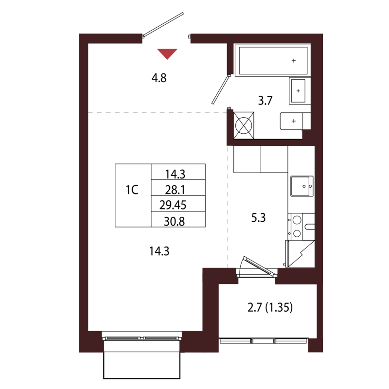 Квартира-студия, 29.45 м² в ЖК "Лисино" - планировка, фото №1