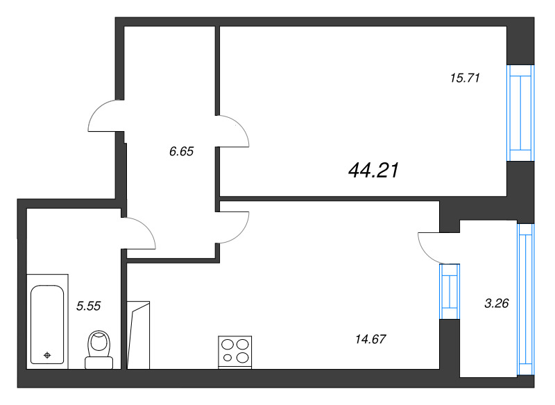 1-комнатная квартира, 44.21 м² в ЖК "Аквилон Leaves" - планировка, фото №1