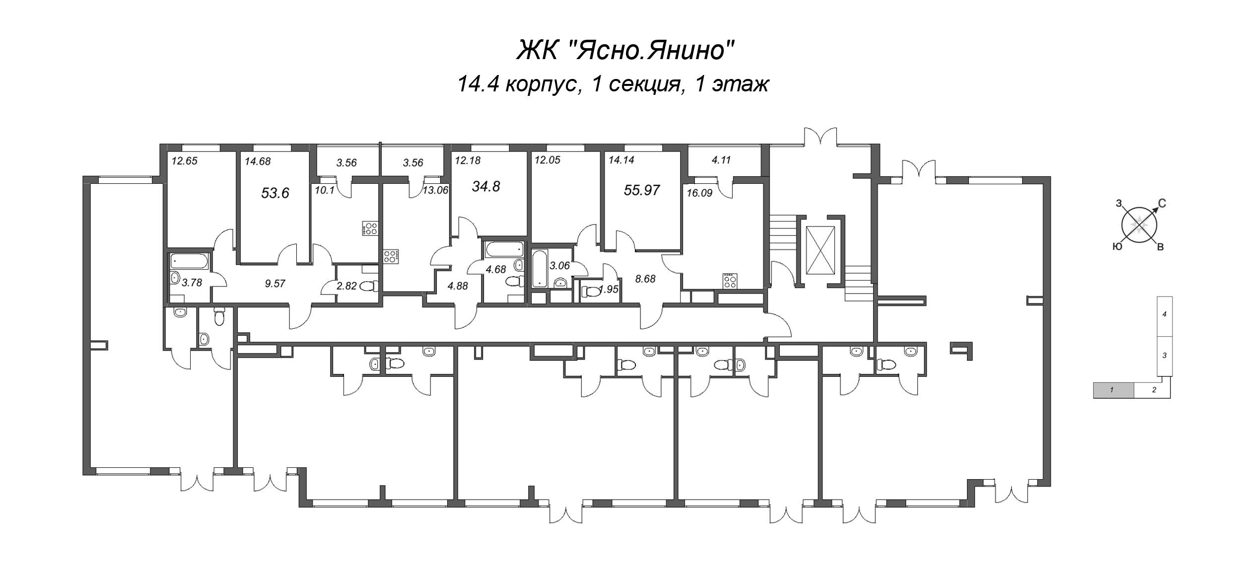 1-комнатная квартира, 34.8 м² в ЖК "Ясно.Янино" - планировка этажа