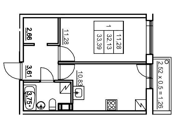 1-комнатная квартира, 33.43 м² в ЖК "Панорама Юкки" - планировка, фото №1