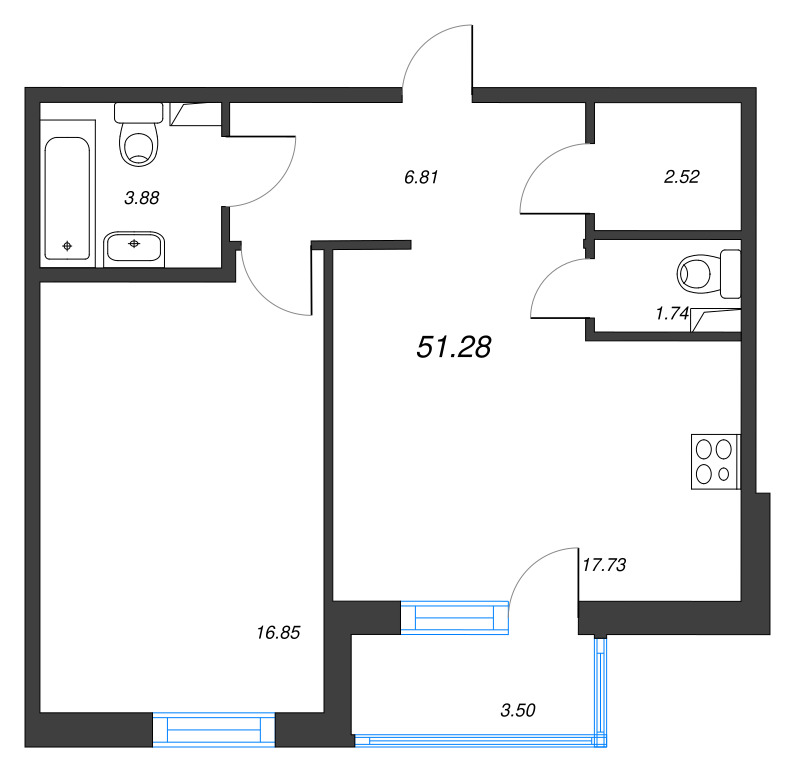 2-комнатная (Евро) квартира, 51.28 м² в ЖК "Энфилд" - планировка, фото №1