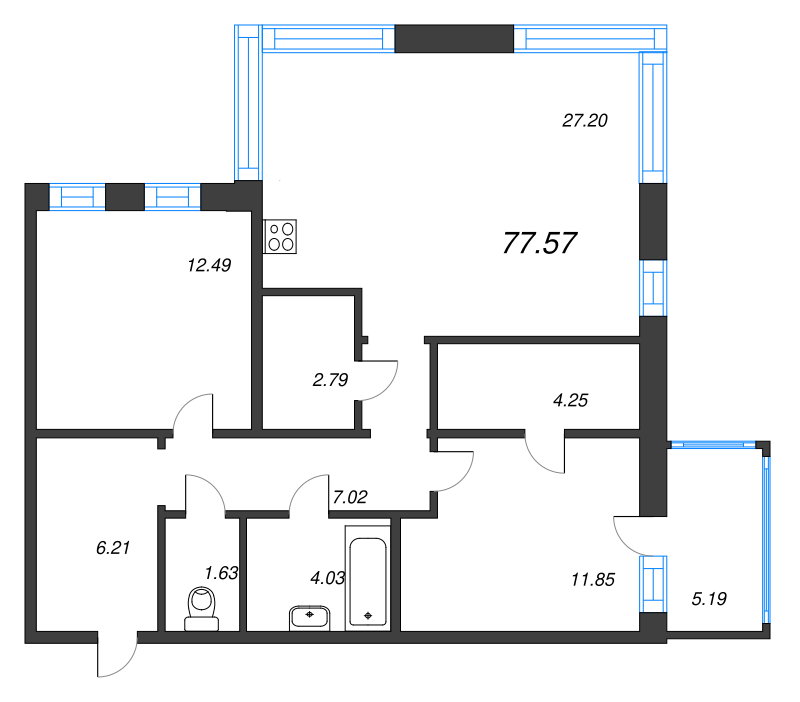 3-комнатная (Евро) квартира, 77.57 м² - планировка, фото №1