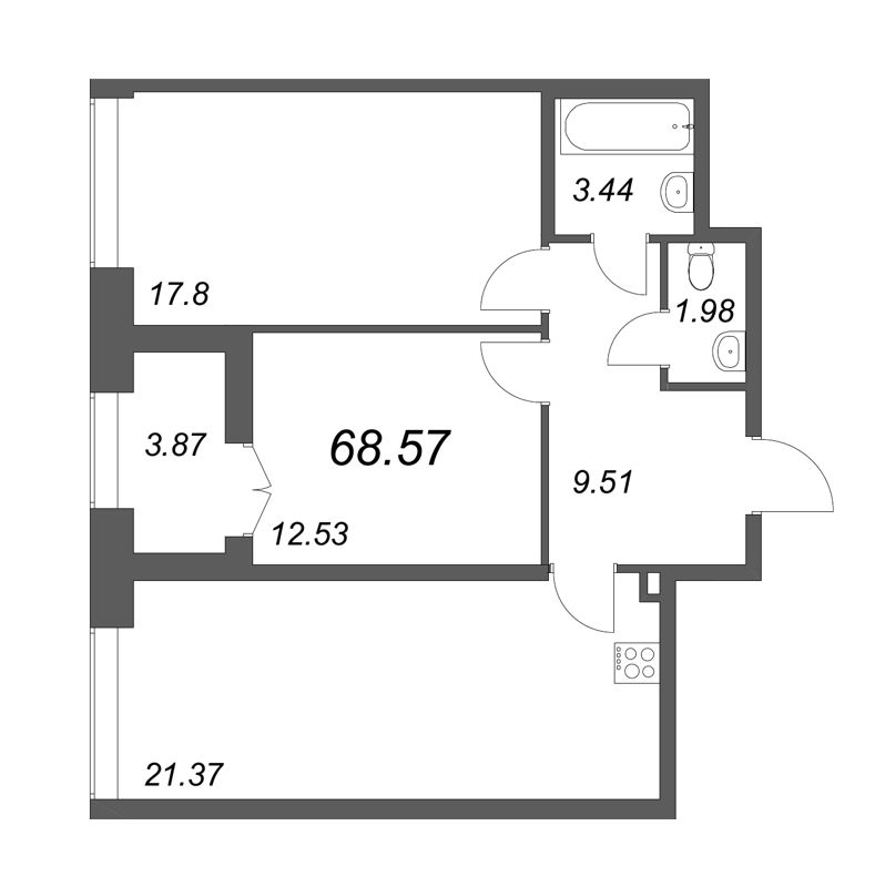 2-комнатная (Евро) квартира, 68.57 м² - планировка, фото №1