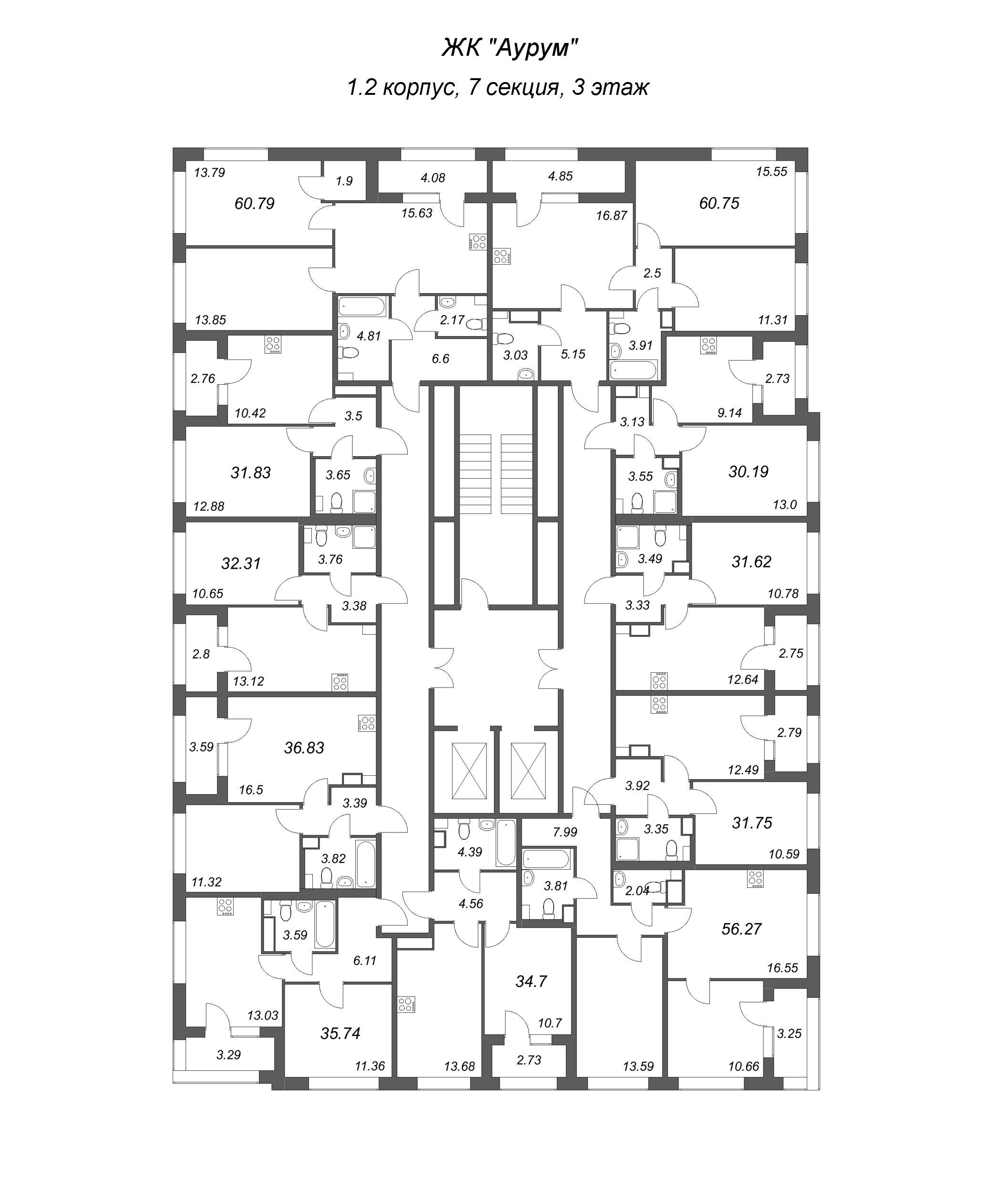 3-комнатная (Евро) квартира, 56.27 м² в ЖК "Аурум" - планировка этажа