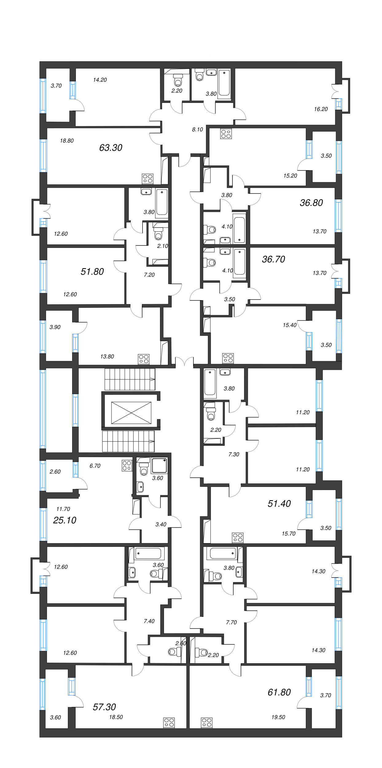 2-комнатная квартира, 51.8 м² - планировка этажа