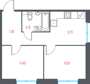 2-комнатная квартира, 41.91 м² в ЖК "Город-спутник Южный" - планировка, фото №1