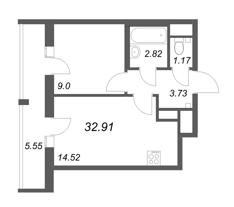 2-комнатная (Евро) квартира, 32.91 м² в ЖК "Южный форт" - планировка, фото №1