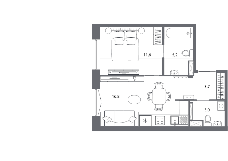 2-комнатная (Евро) квартира, 40.3 м² - планировка, фото №1