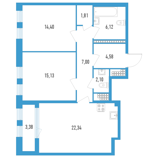 2-комнатная квартира, 75.17 м² - планировка, фото №1