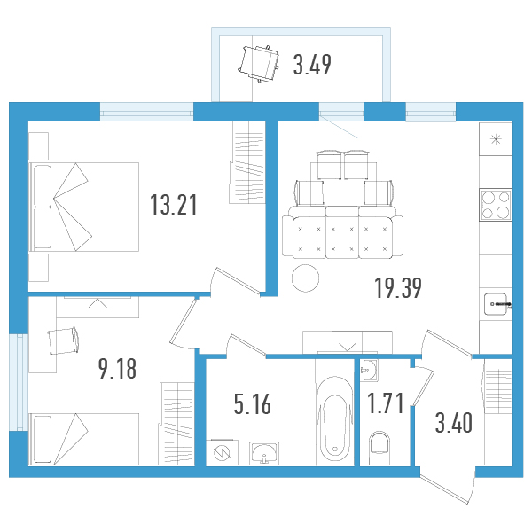 3-комнатная (Евро) квартира, 53.1 м² в ЖК "AEROCITY" - планировка, фото №1