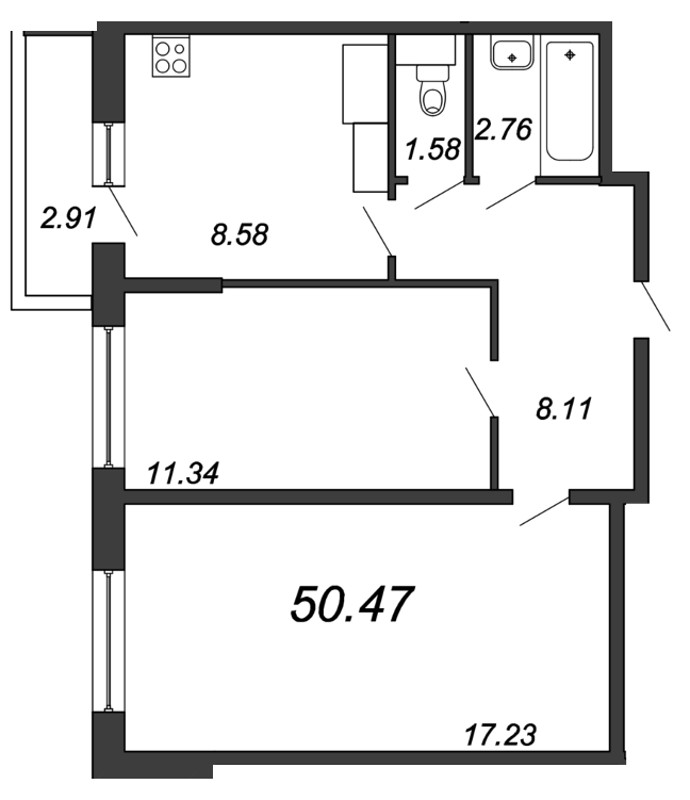 2-комнатная квартира, 50.47 м² - планировка, фото №1