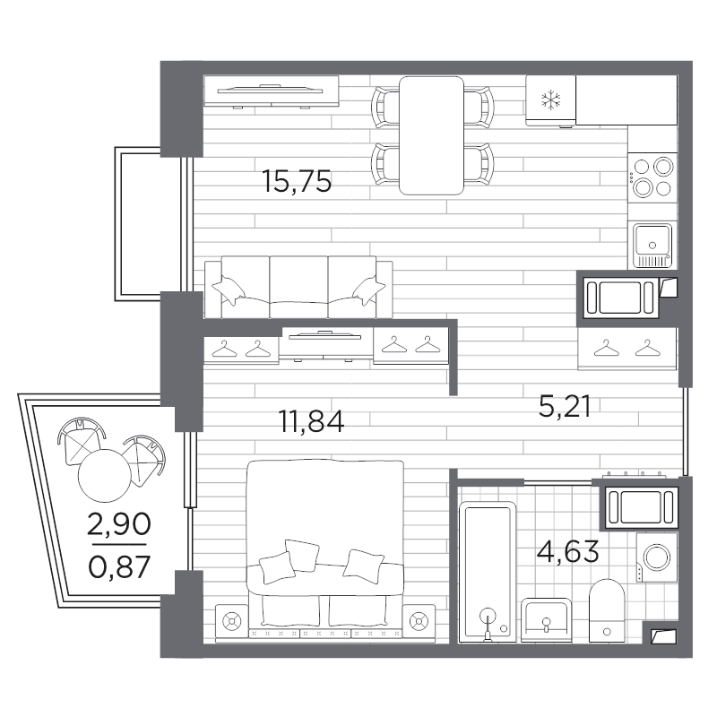 2-комнатная (Евро) квартира, 38.3 м² в ЖК "Respect" - планировка, фото №1