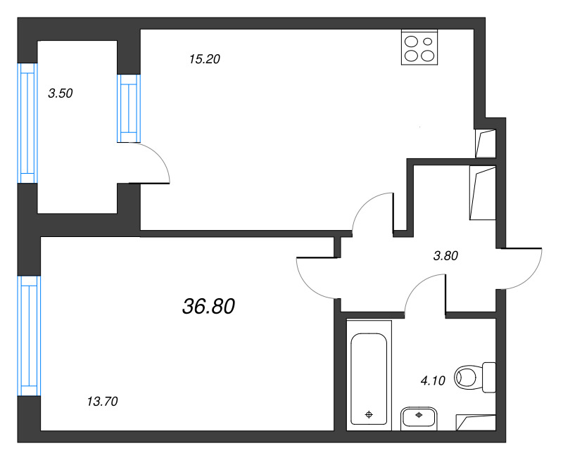 2-комнатная (Евро) квартира, 36.8 м² в ЖК "Дубровский" - планировка, фото №1