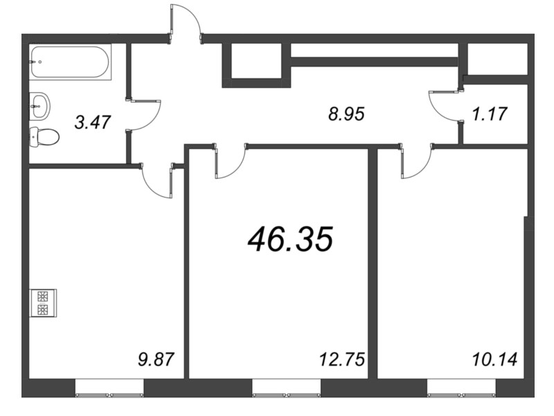 2-комнатная квартира, 46.35 м² - планировка, фото №1