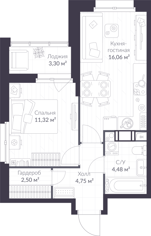 2-комнатная (Евро) квартира, 40.76 м² в ЖК "VEREN NORT сертолово" - планировка, фото №1