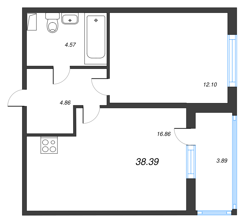 2-комнатная (Евро) квартира, 38.39 м² в ЖК "Любоград" - планировка, фото №1