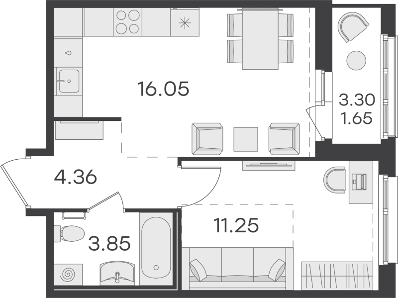 2-комнатная (Евро) квартира, 37 м² в ЖК "Парголово" - планировка, фото №1