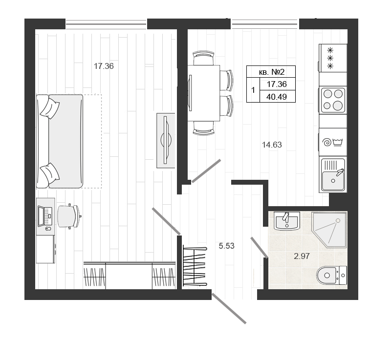 1-комнатная квартира, 40.49 м² в ЖК "Верево-сити" - планировка, фото №1