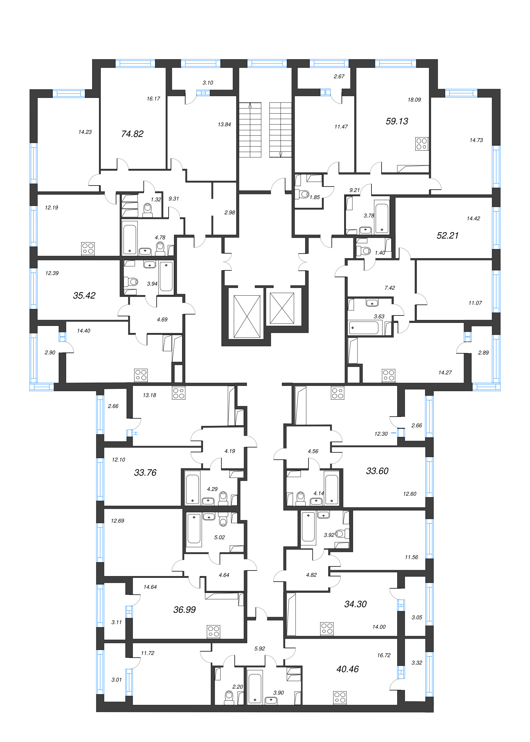 2-комнатная (Евро) квартира, 34.3 м² в ЖК "Б15" - планировка этажа