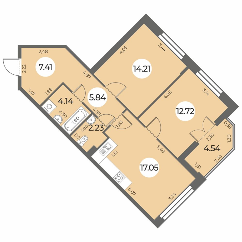 3-комнатная (Евро) квартира, 65.87 м² в ЖК "Огни Залива" - планировка, фото №1