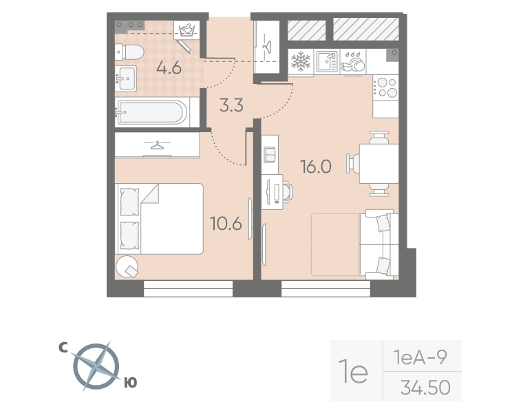 1-комнатная квартира, 34.5 м² в ЖК "Пулково Lake" - планировка, фото №1